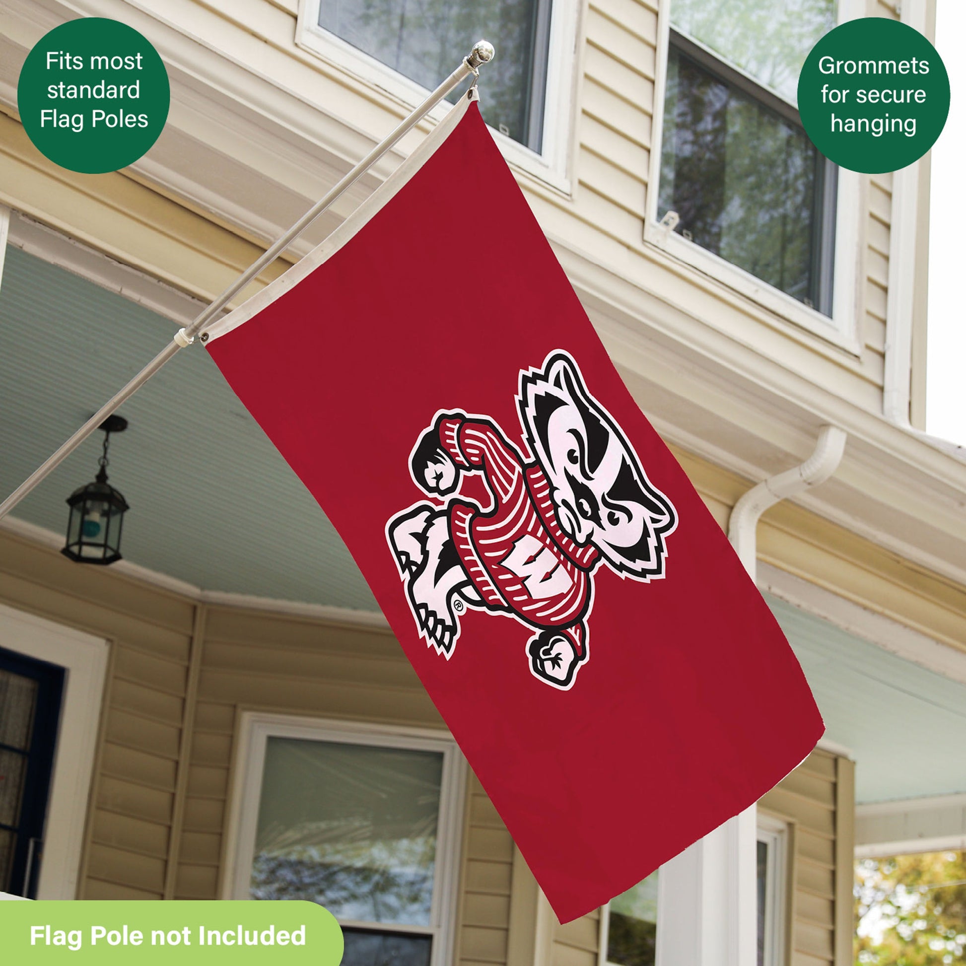 University of Wisconsin–Madison 3x5 red single-sided sublimated flag with 2 grommets on pole on Tampa Home & Garden Store