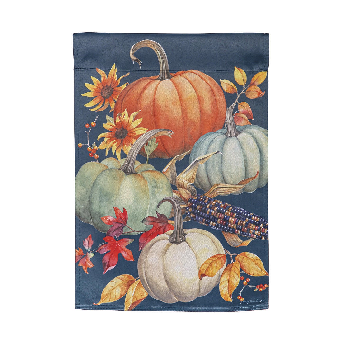 All Things Pumpkins suede garden flag with pumpkins and autumn leaves on navy background on Tampa Home & Garden Store