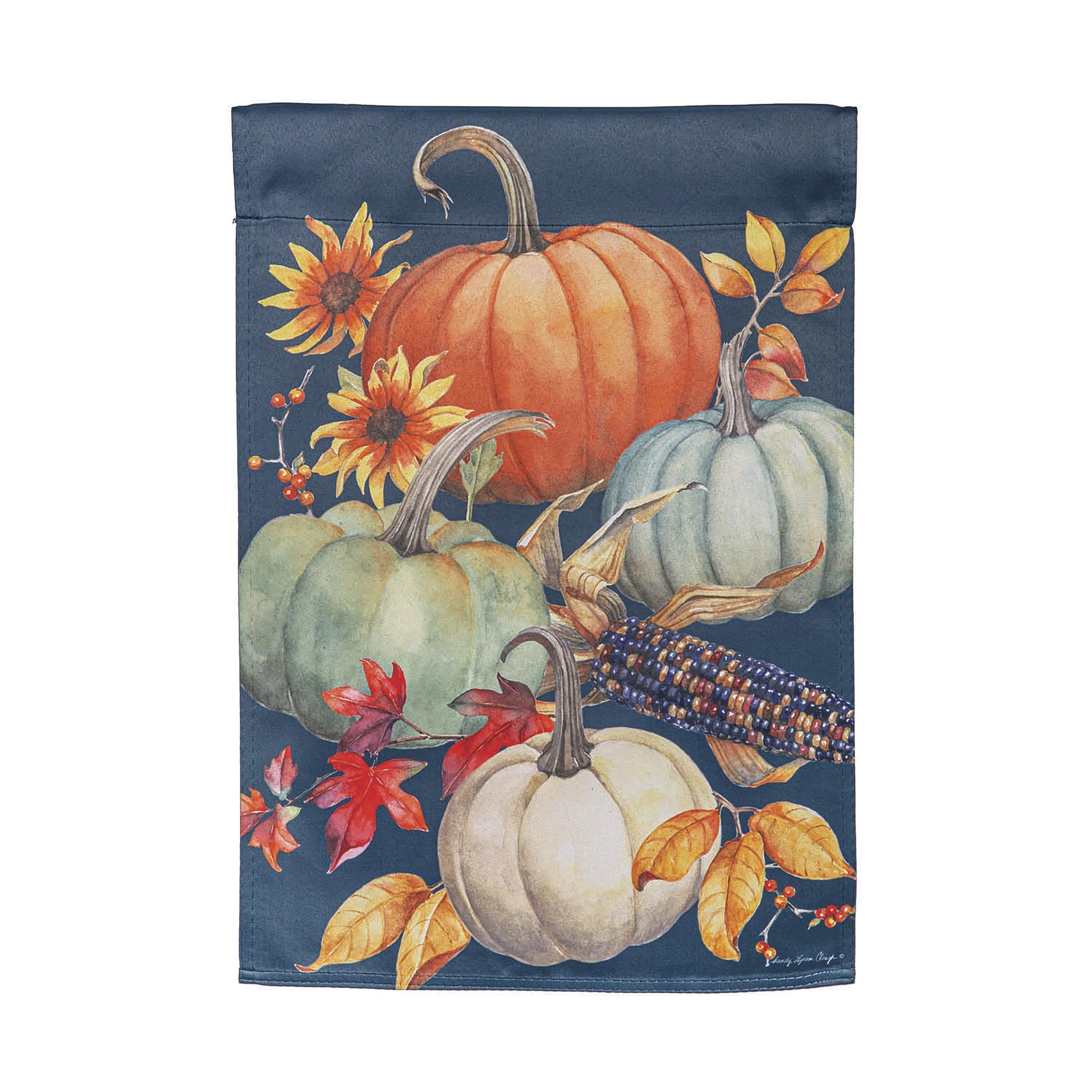 All Things Pumpkins suede garden flag with pumpkins and autumn leaves on navy background on Tampa Home & Garden Store