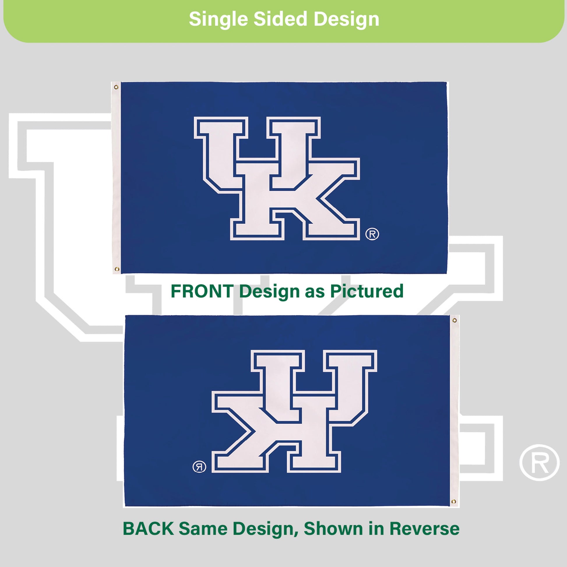 University of Kentucky 3x5 ft single-sided flag in blue with white UK logo, 2 grommets on Tampa Home & Garden Store