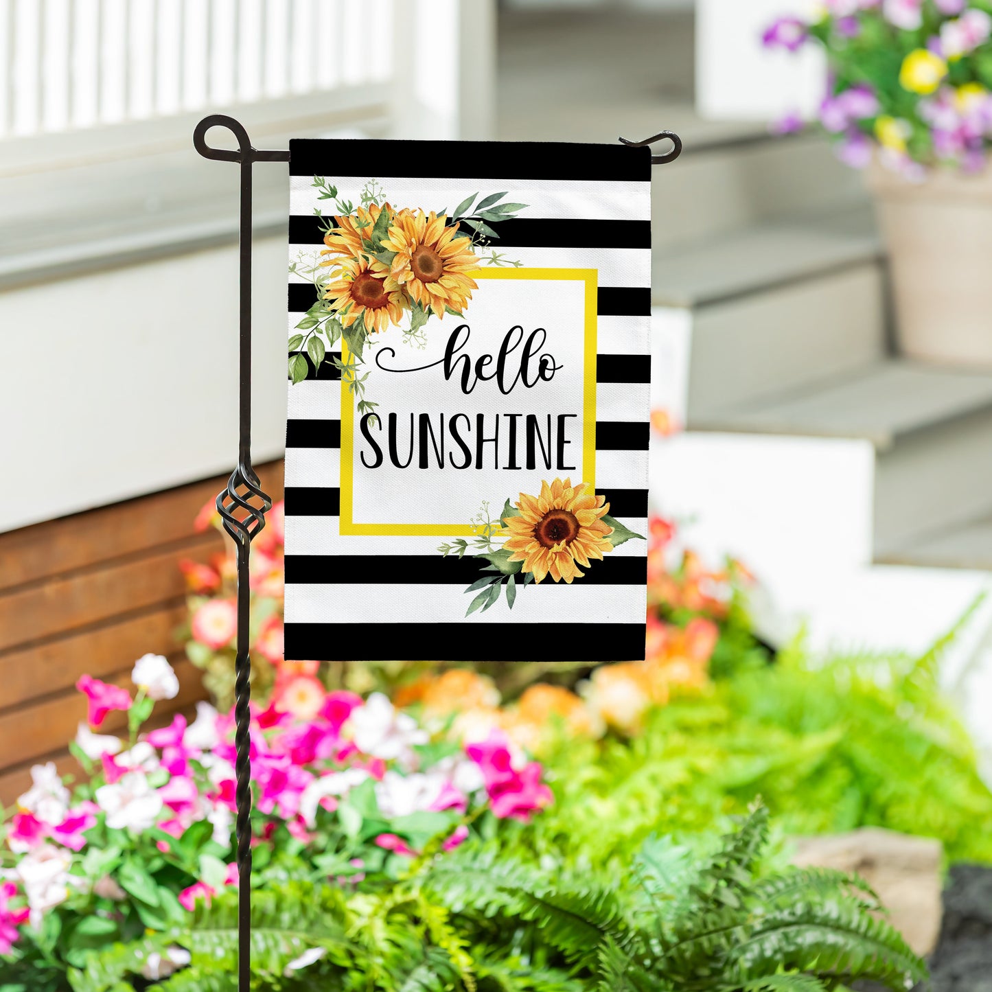 Hello Sunshine Burlap Garden Flag with sunflowers on black-and-white stripes and yellow border on Tampa Home & Garden Store