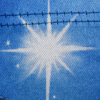 Holy Night Nativity Garden Lustre Flag close-up, blue lustre fabric with white motif on Tampa Home & Garden Store
