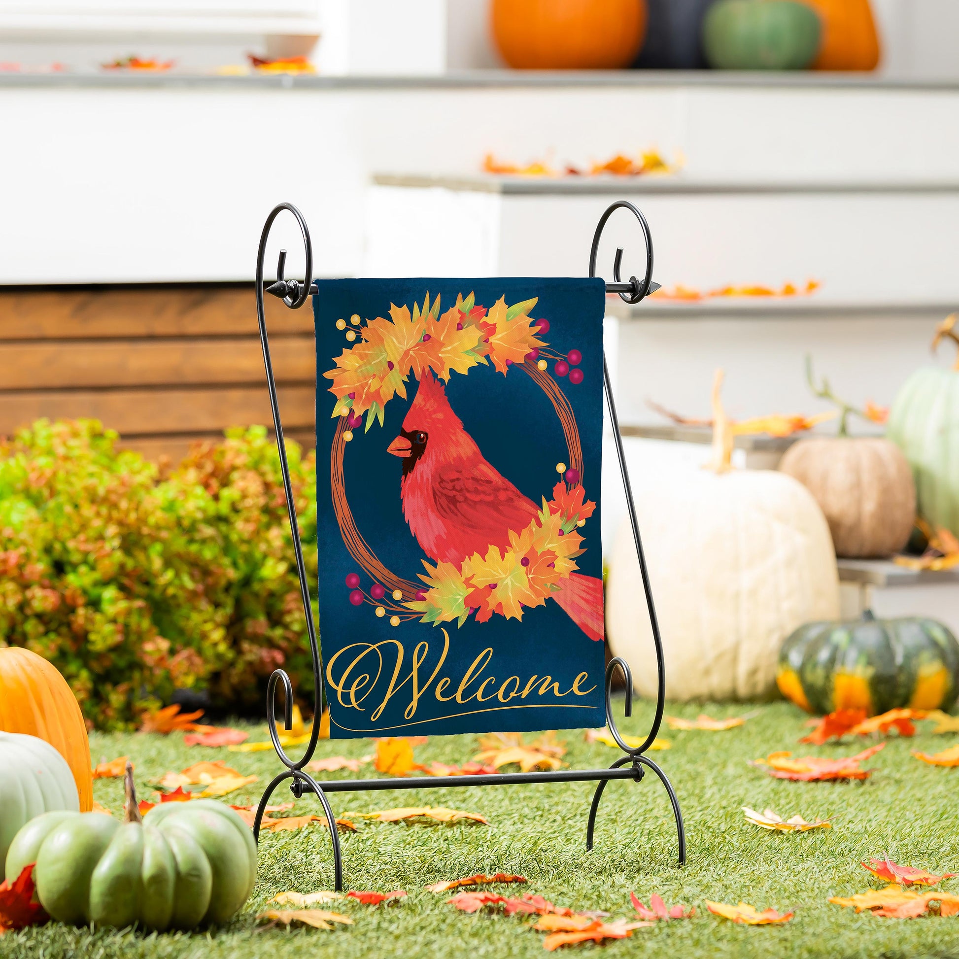 Fall Cardinal Wreath Burlap Garden Flag blue background cardinal with fall leaves Welcome script on Tampa Home & Garden Store