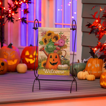 Halloween Watering Can Suede Garden Flag featuring pumpkin bouquet design on metal stand on Tampa Home & Garden Store