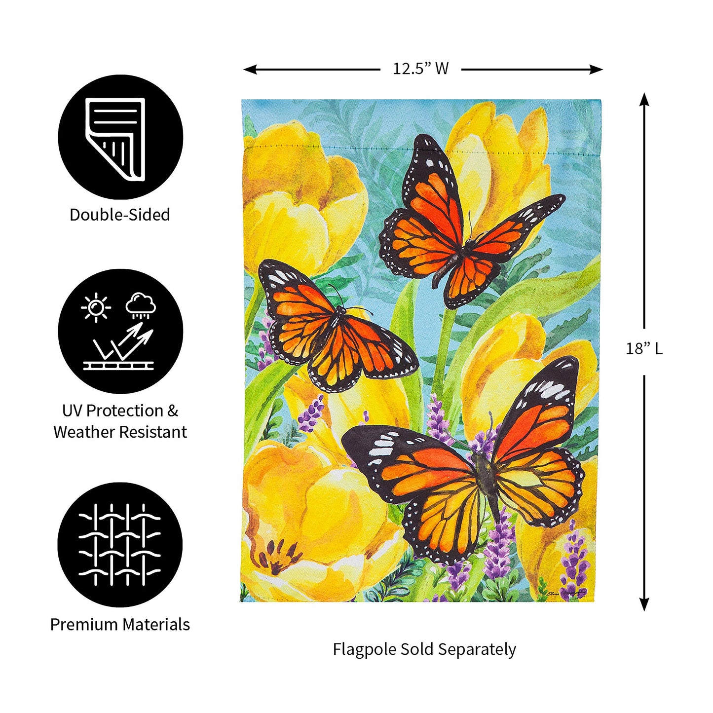 Tulip and Butterfly Garden Suede Flag by Evergreen Enterprises, flag with artwork 12.5W on Tampa Home & Garden Store