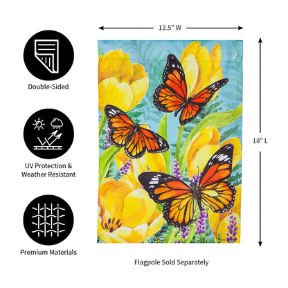 Tulip and Butterfly Garden Suede Flag by Evergreen Enterprises, flag with artwork 12.5W on Tampa Home & Garden Store