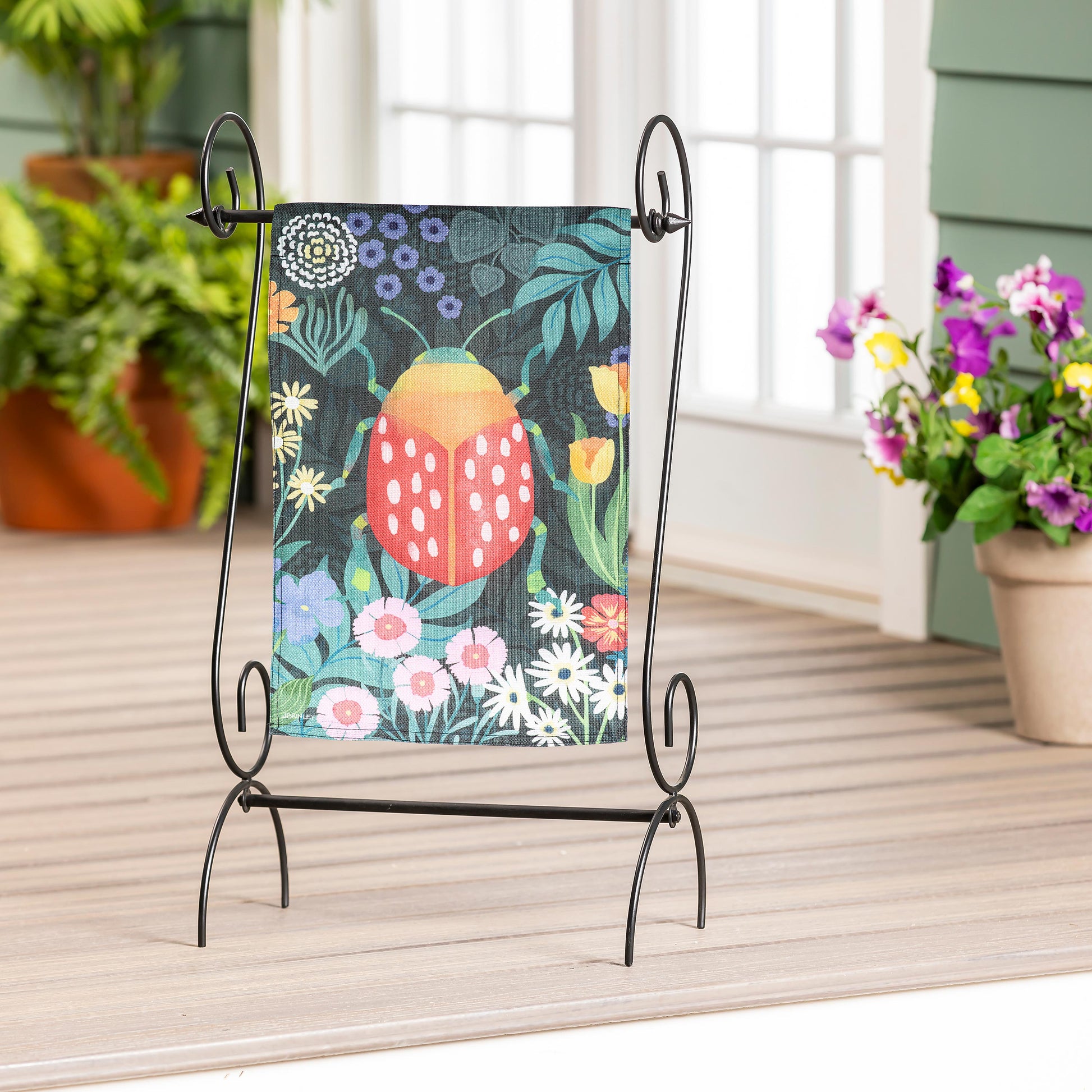 Garden Park Colorful Beetle Burlap Garden Flag on wrought-iron stand on Tampa Home & Garden Store