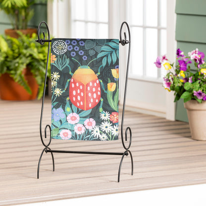Garden Park Colorful Beetle Burlap Garden Flag on wrought-iron stand on Tampa Home & Garden Store