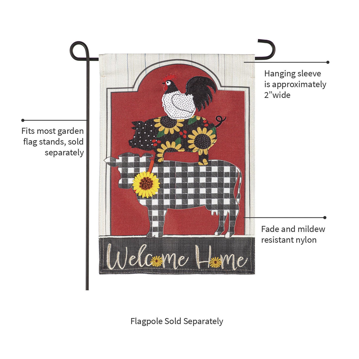 Farm Friends Burlap Garden Flag rooster design with sunflowers on red burlap and plaid pocket on Tampa Home & Garden Store