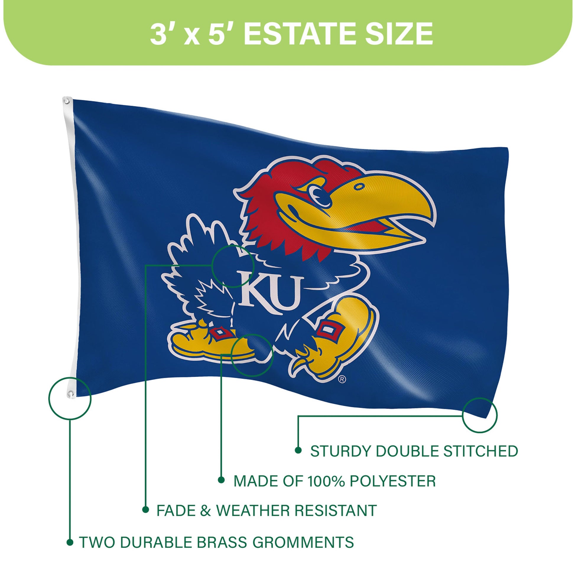 University of Kansas estate flag 3x5, sublimated flag with Jayhawks logo, two grommets on Tampa Home & Garden Store