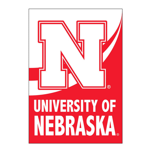 Burlap flag University of Nebraska wordmark in white on red field Evergreen Enterprises on Tampa Home & Garden Store