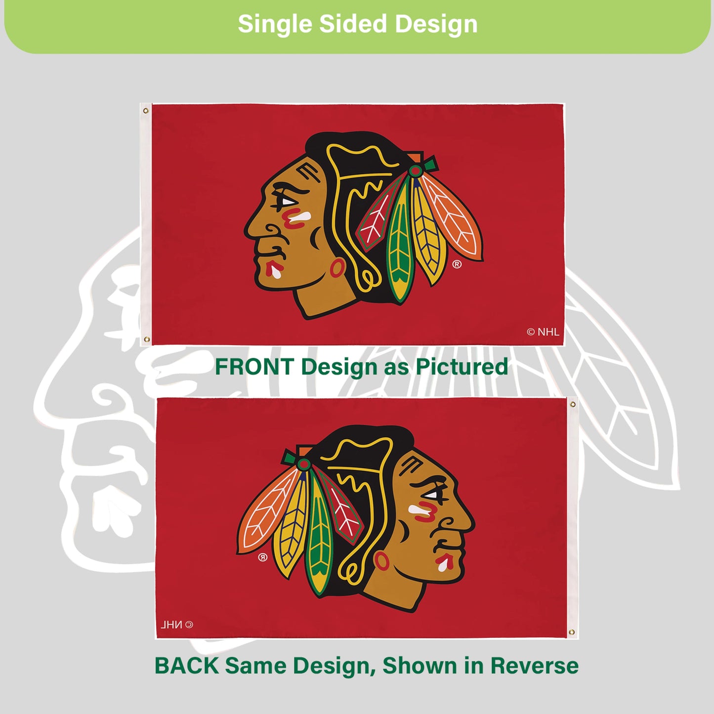 Chicago Blackhawks estate flag 3x5, single-sided sublimated flag with 2 grommets on Tampa Home & Garden Store