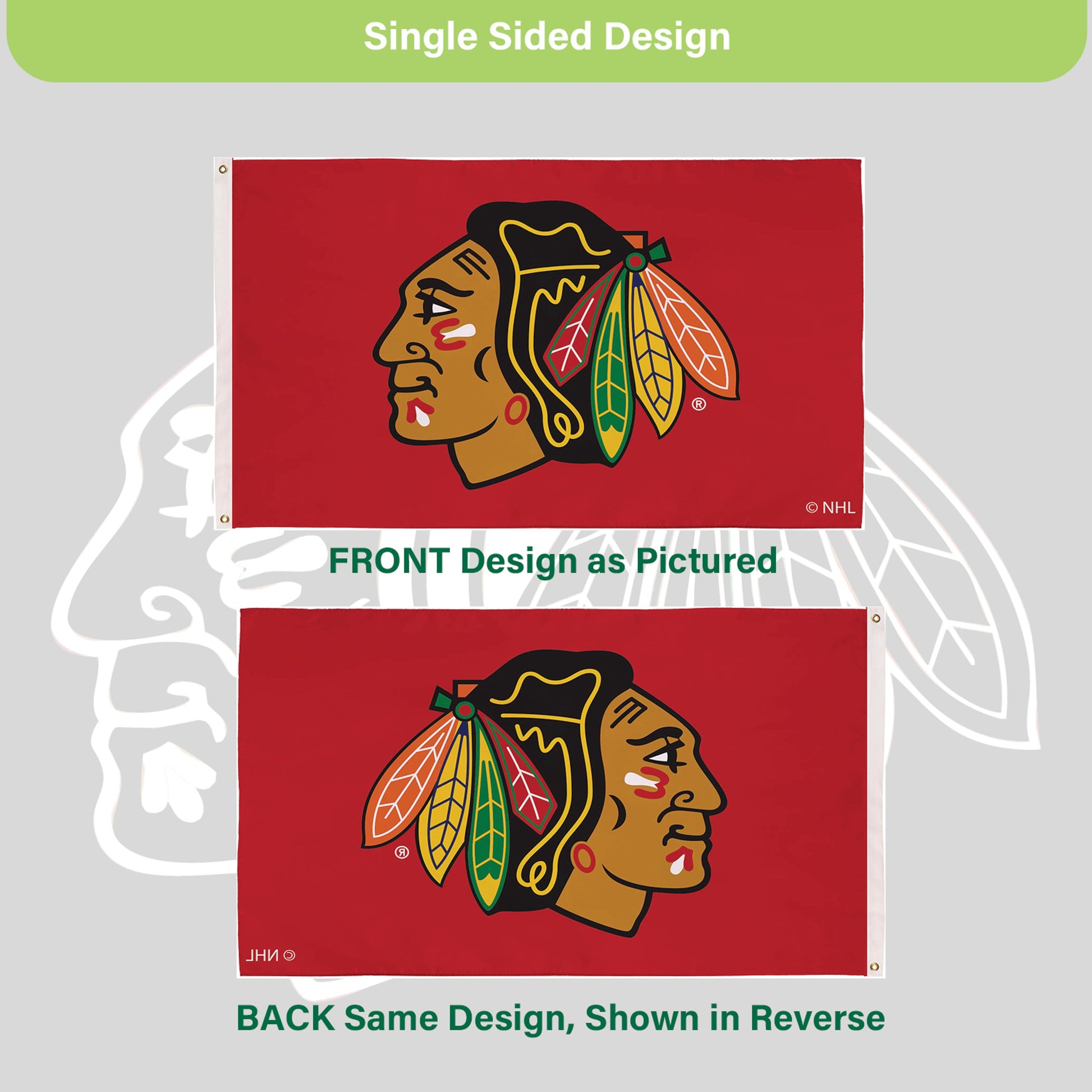 Chicago Blackhawks estate flag 3x5, single-sided sublimated flag with 2 grommets on Tampa Home & Garden Store