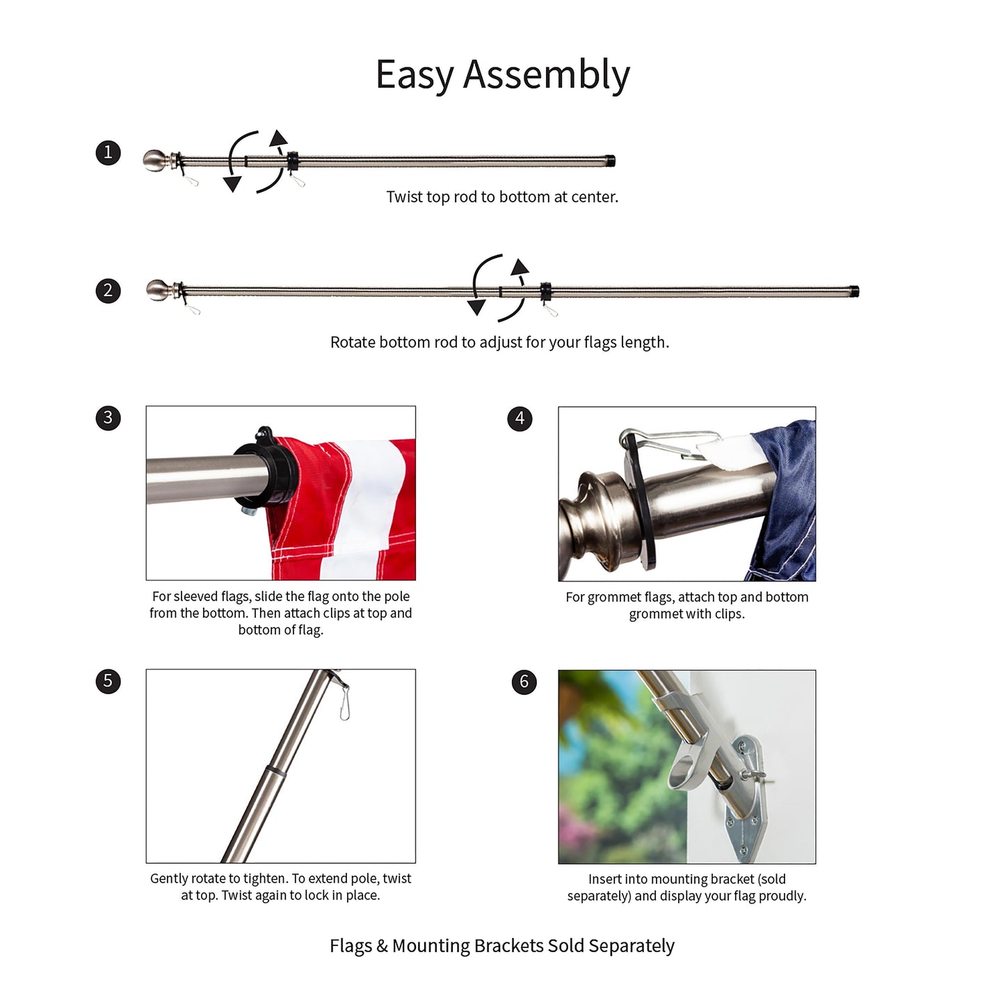 Extendable metal house flag pole with Easy Assembly steps by Evergreen Enterprises on Tampa Home & Garden Store