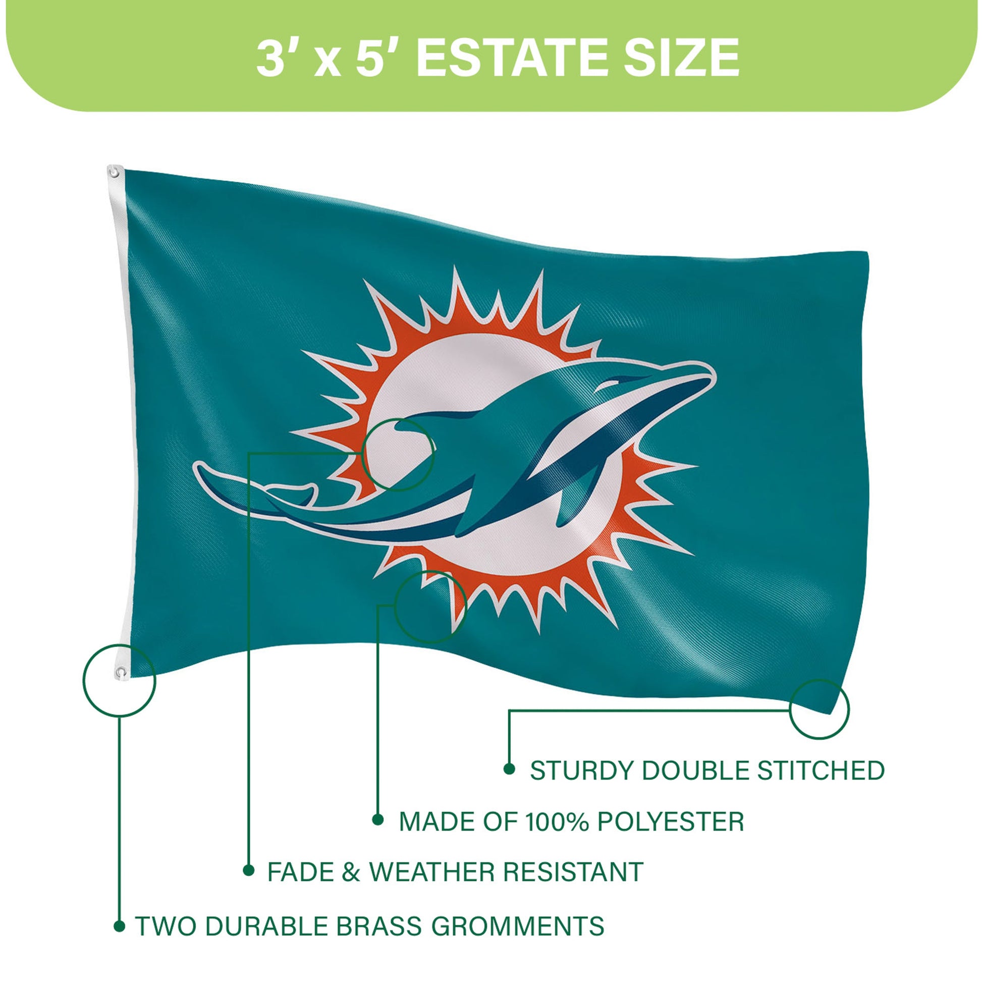 Miami Dolphins flag 3x5 single-sided teal with two grommets and logo sublimated flag on Tampa Home & Garden Store