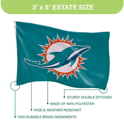 Miami Dolphins flag 3x5 single-sided teal with two grommets and logo sublimated flag on Tampa Home & Garden Store