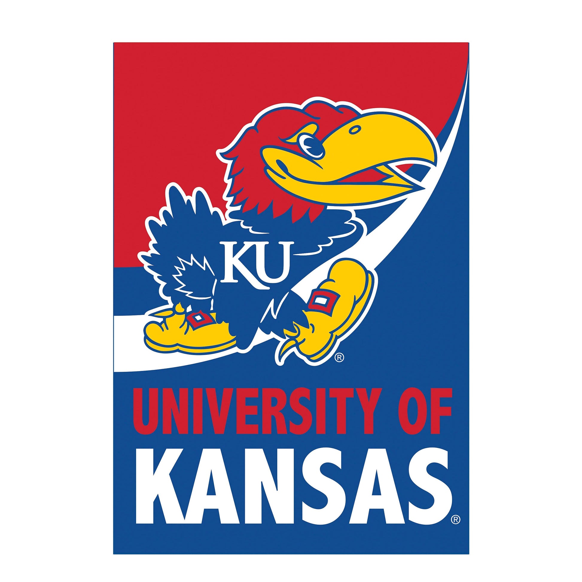 University of Kansas burlap house flag with Jayhawk mascot in red and blue on Tampa Home & Garden Store
