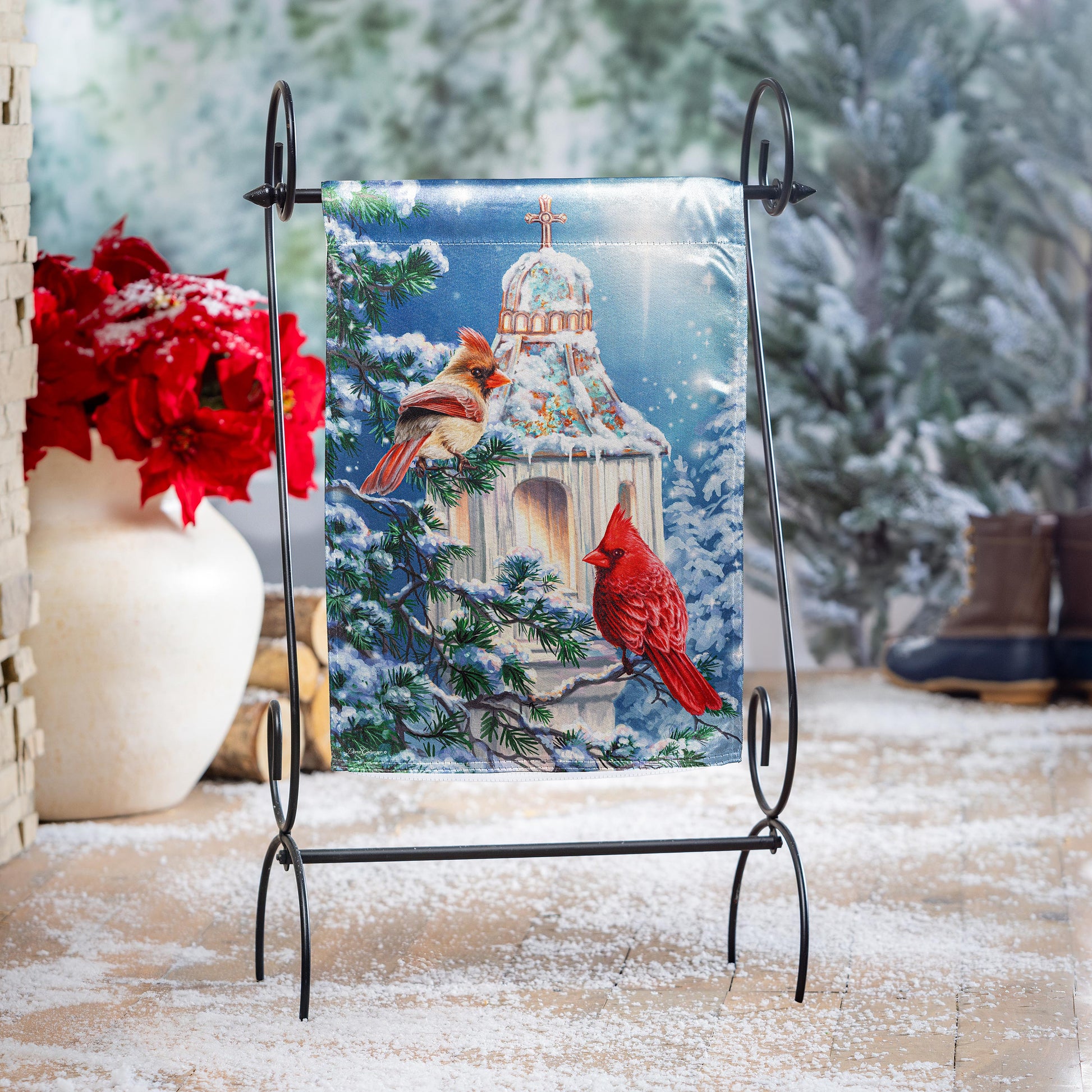 Cardinal Lamp Post Lustre Garden Flag Evergreen Enterprises in winter scene with cardinals on Tampa Home & Garden Store