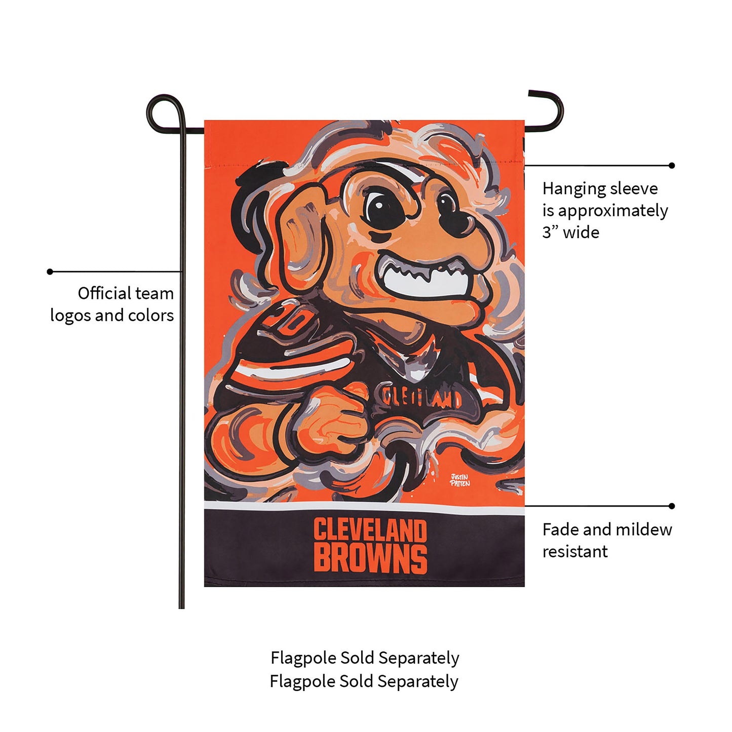 Cleveland Browns suede flag with Justin Patten art, Evergreen Enterprises branding, orange on Tampa Home & Garden Store