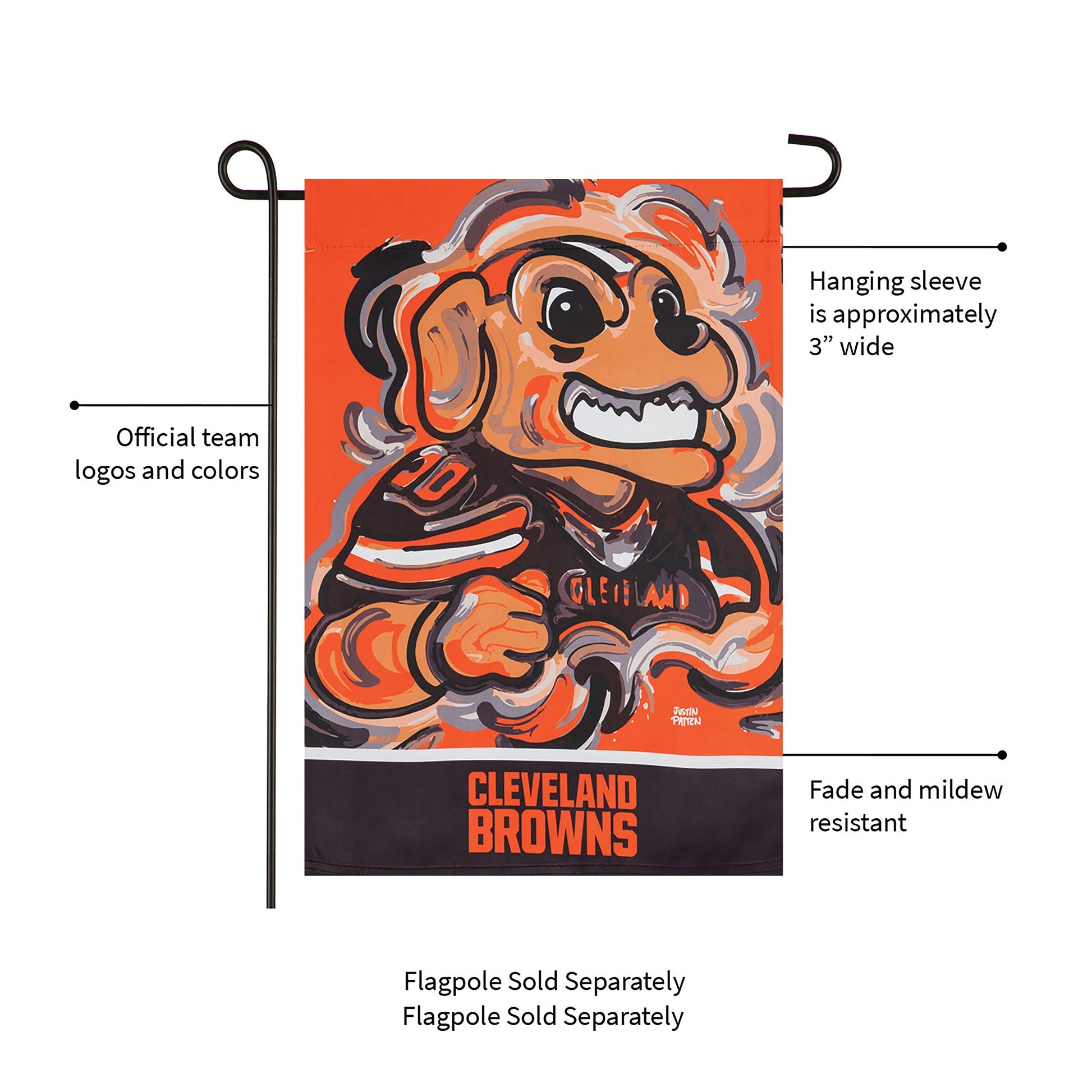 Cleveland Browns suede flag with Justin Patten art, Evergreen Enterprises branding, orange on Tampa Home & Garden Store