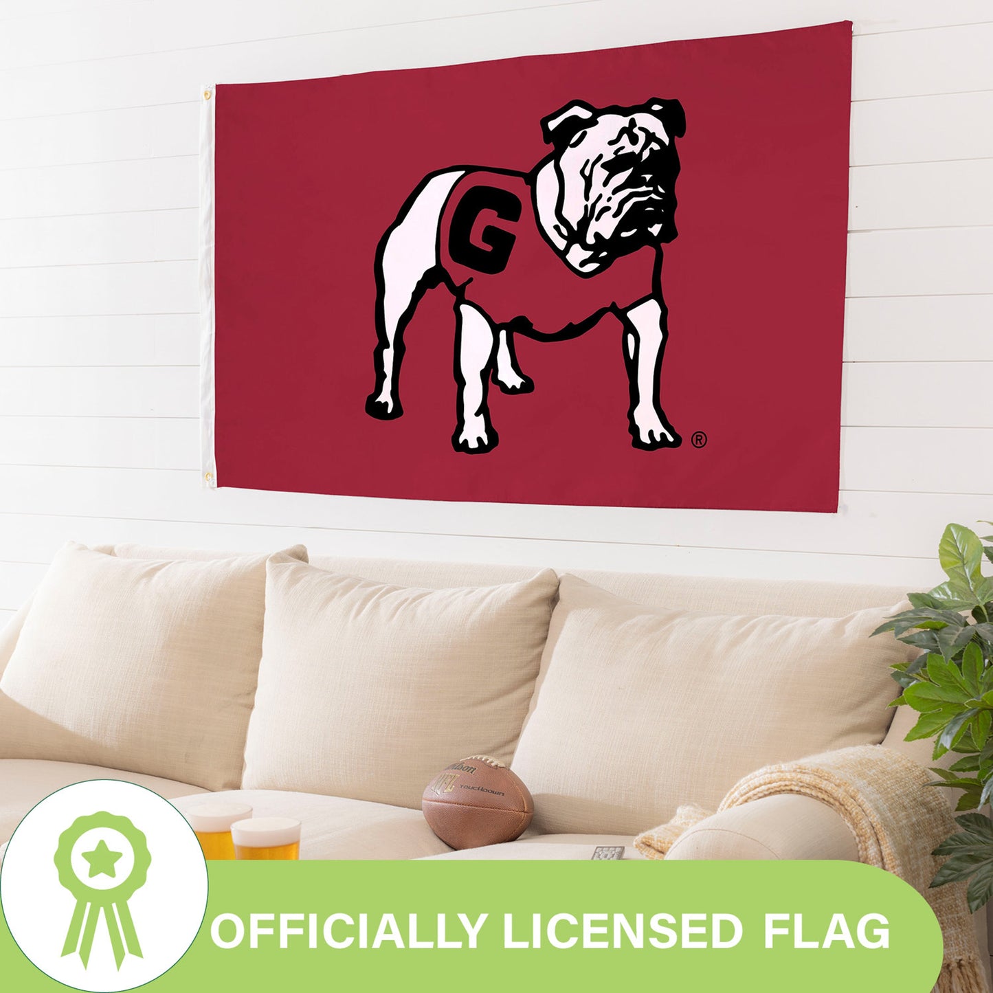 University of Georgia 3x5 single-sided sublimated flag with bulldog graphic on maroon, 2 grommets Evergreen Enterprises on Tampa Home & Garden Store