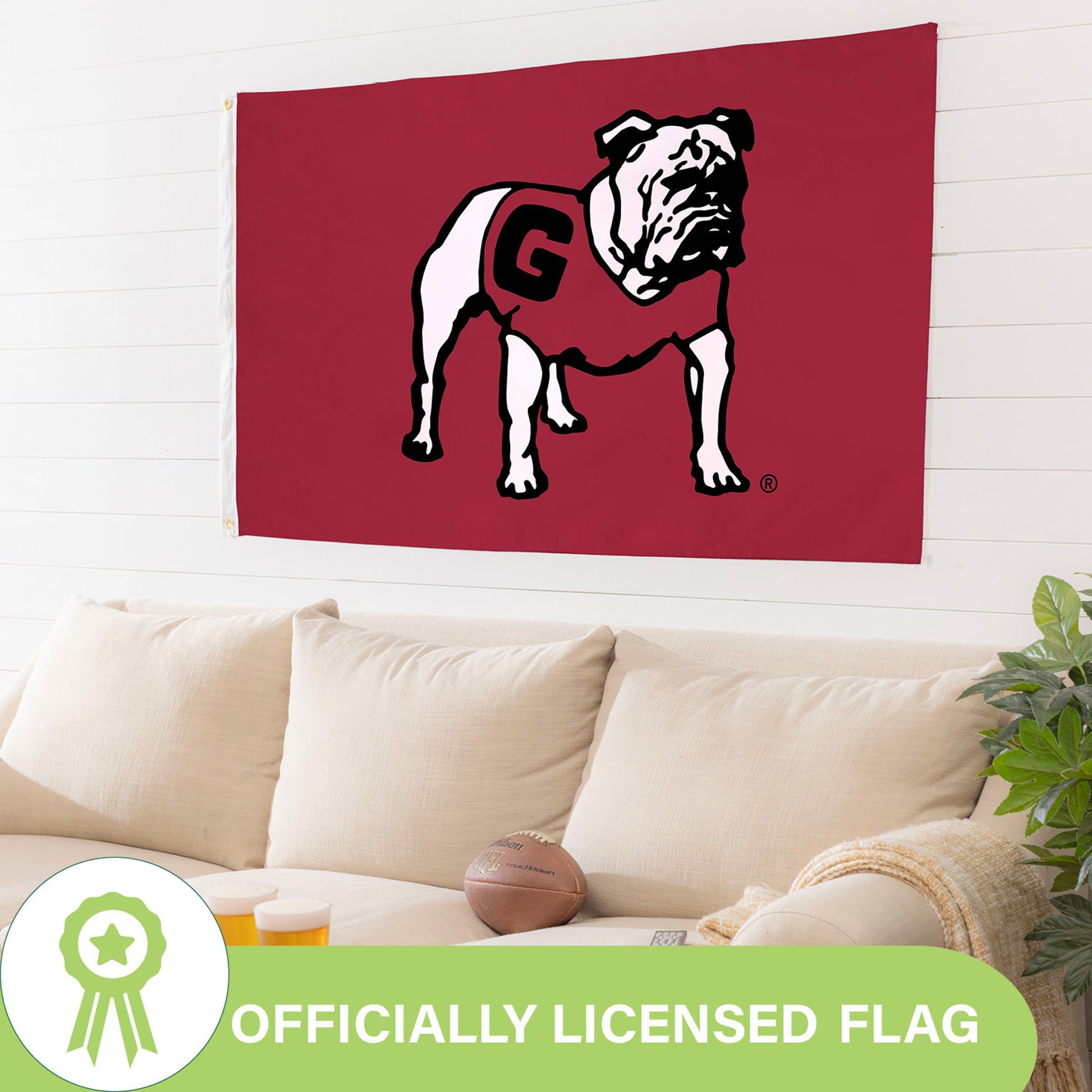 University of Georgia 3x5 single-sided sublimated flag with bulldog graphic on maroon, 2 grommets Evergreen Enterprises on Tampa Home & Garden Store