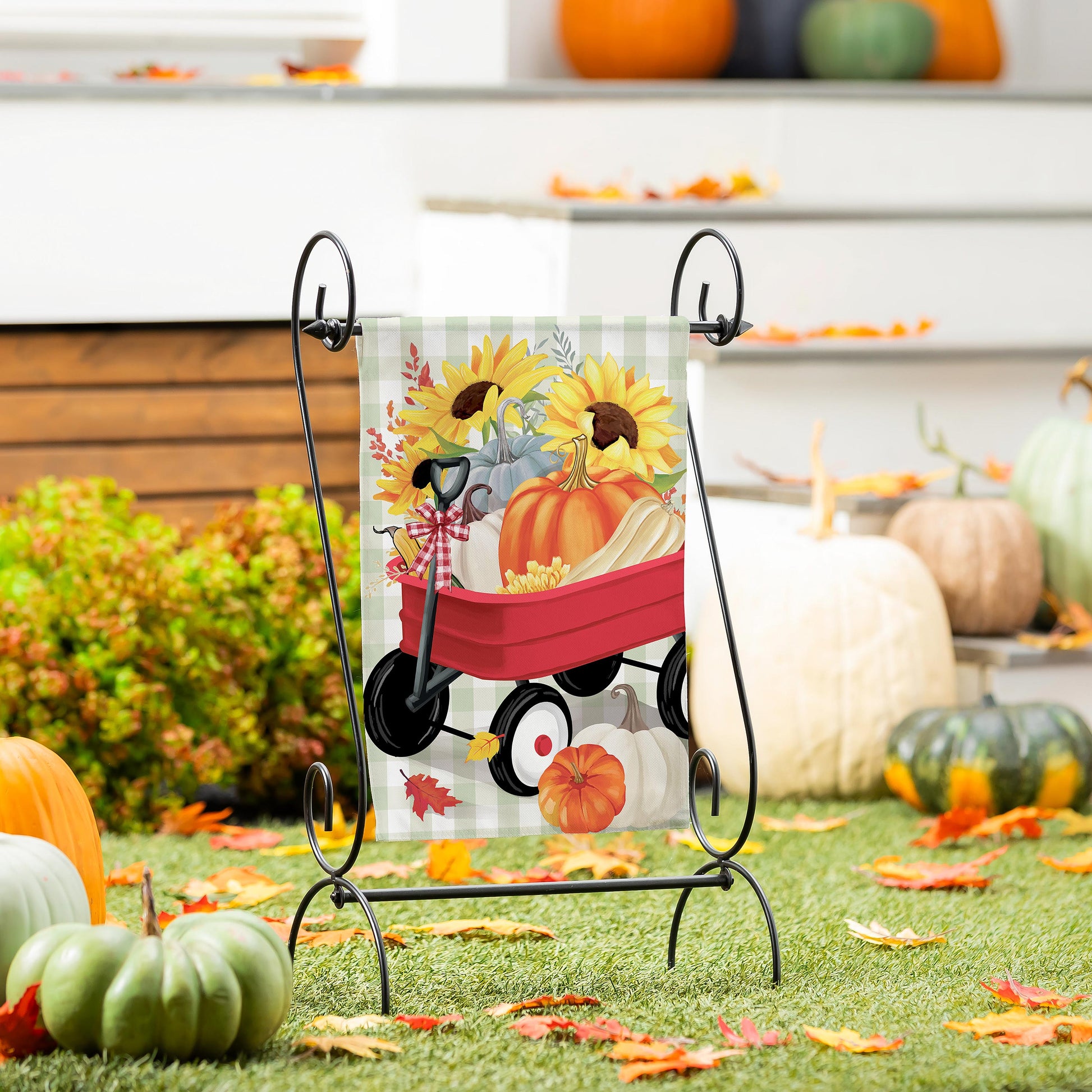 Wagon Filled Pumpkin Suede Garden Flag with sunflowers in a red wagon on plaid background on Tampa Home & Garden Store