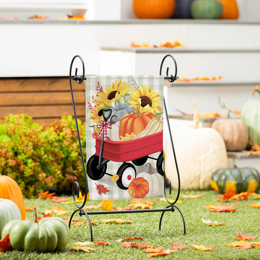 Wagon Filled Pumpkin Suede Garden Flag with sunflowers in a red wagon on plaid background on Tampa Home & Garden Store