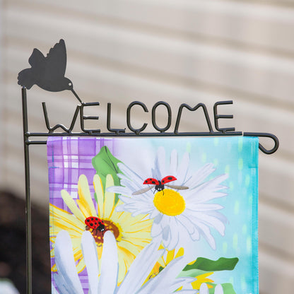 Hummingbird Welcome Garden Flag Stand black metal frame with hummingbird silhouette floral flag on Tampa Home & Garden Store