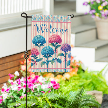 Vintage Hydrangea Burlap Garden Flag with pink stripes and blue blooms on stake on Tampa Home & Garden Store