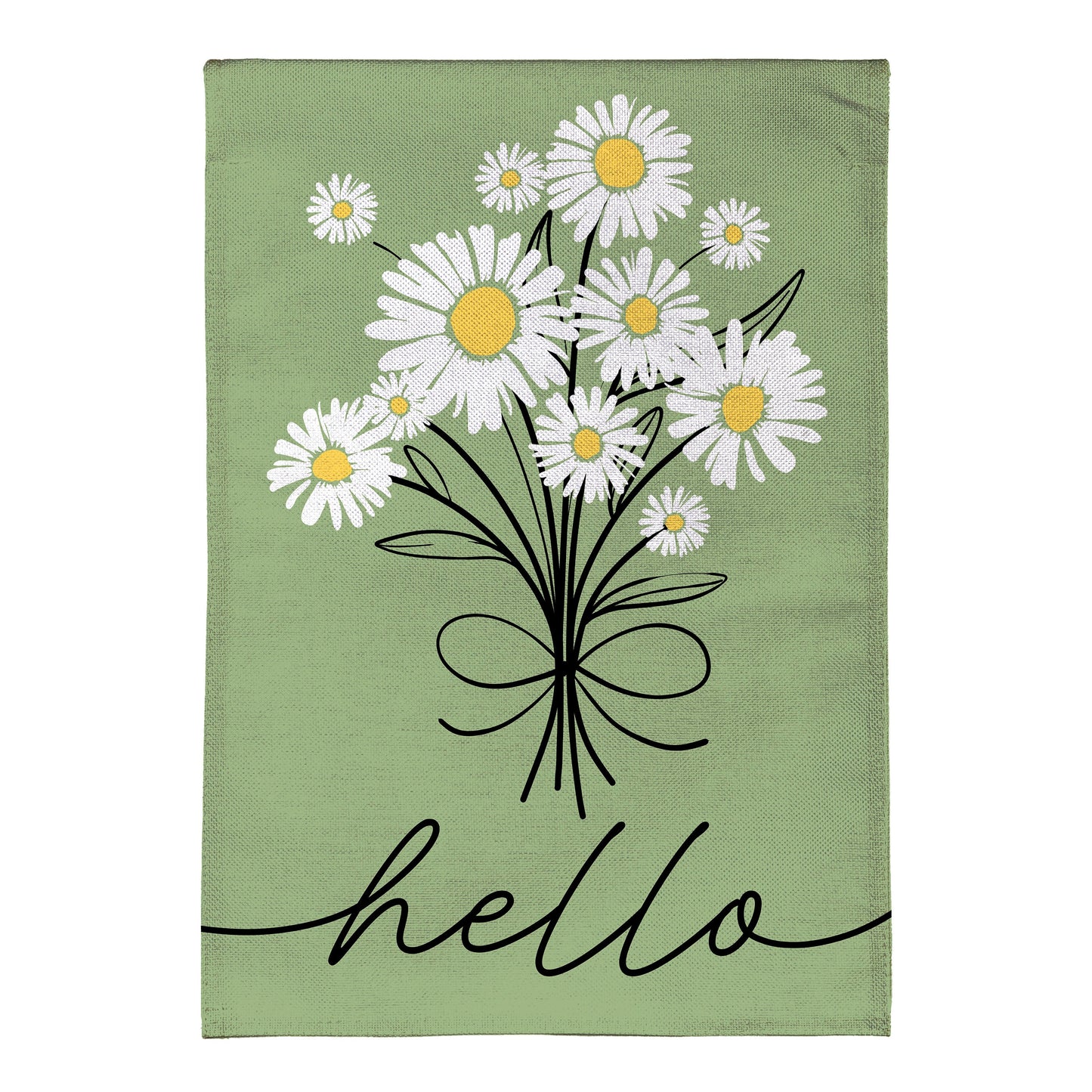 Hello Dainty Daisies Burlap Flag green burlap with white daisies and yellow centers on Tampa Home & Garden Store