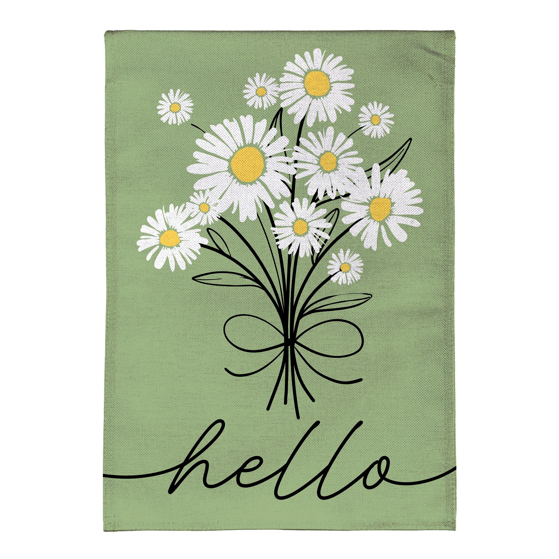 Hello Dainty Daisies Burlap Flag green burlap with white daisies and yellow centers on Tampa Home & Garden Store