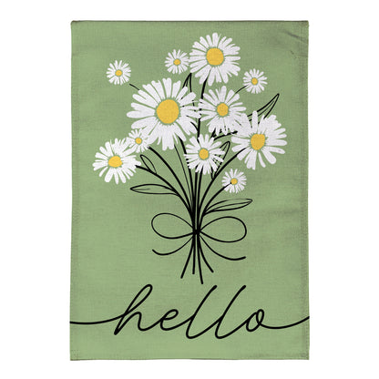 Hello Dainty Daisies Burlap Flag green burlap with white daisies and yellow centers on Tampa Home & Garden Store