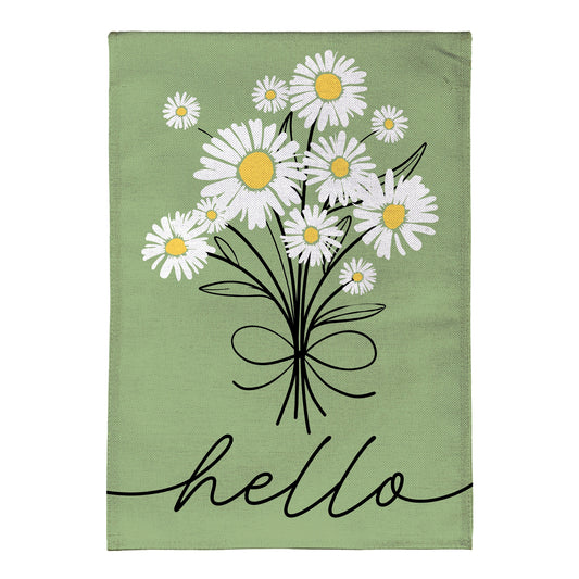 Hello Dainty Daisies Burlap Flag green burlap with white daisies and yellow centers on Tampa Home & Garden Store