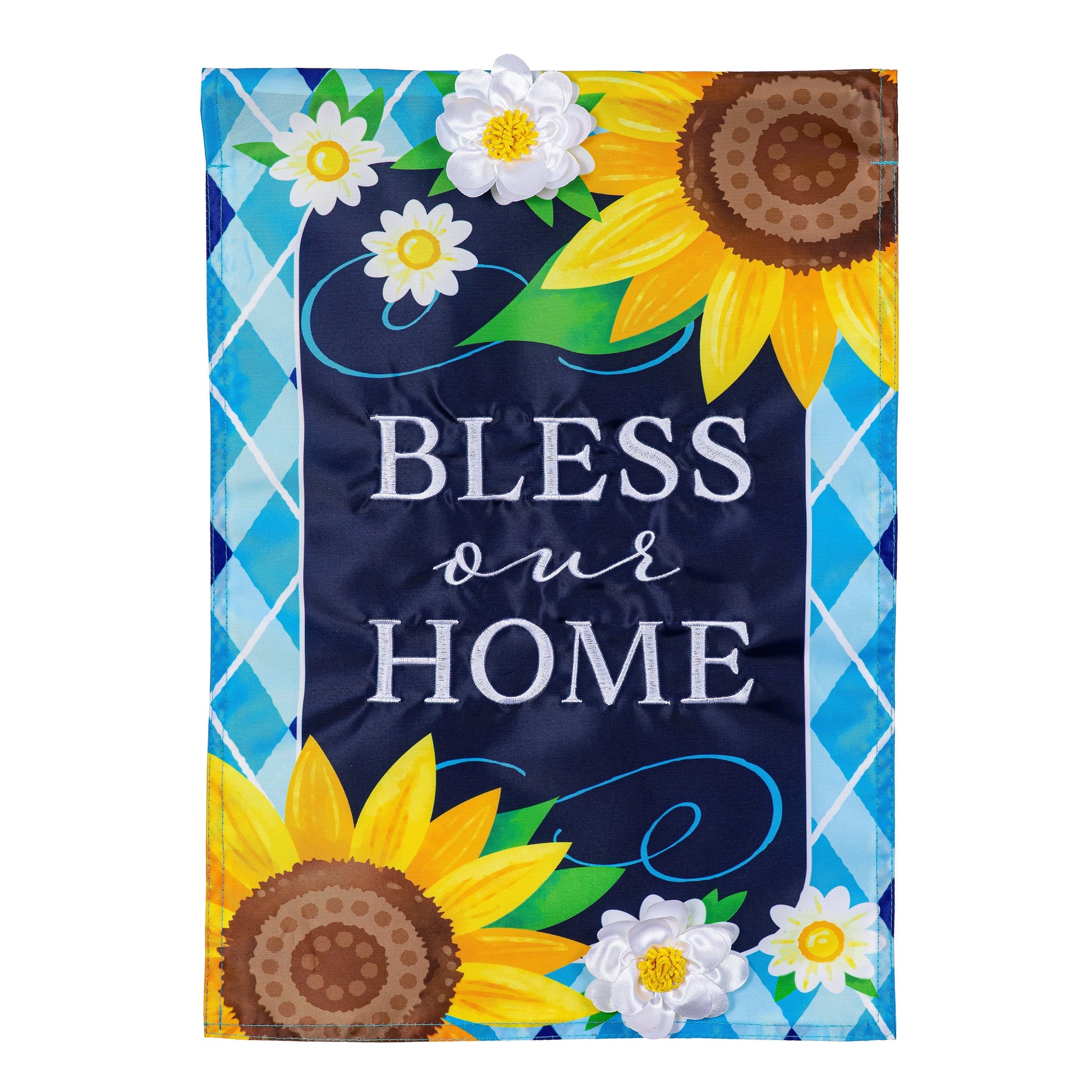 Bless Our Home Sunflowers Applique Garden Flag with sunflowers and daisies on blue background on Tampa Home & Garden Store