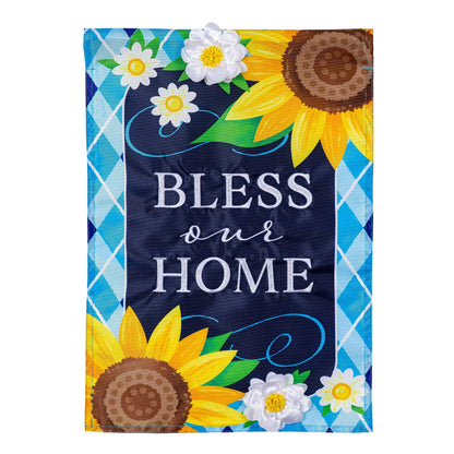 Bless Our Home Sunflowers Applique Garden Flag with sunflowers and daisies on blue background on Tampa Home & Garden Store