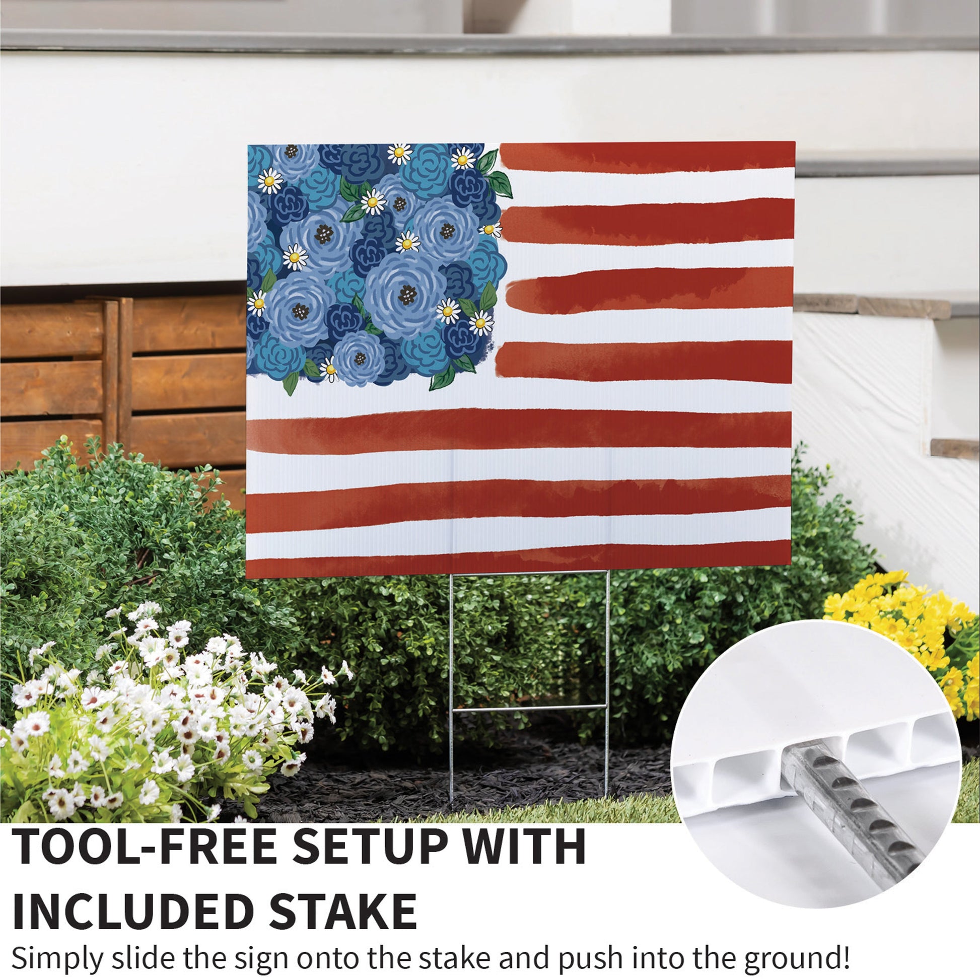 American Classic Blooming Americana yard sign with blue bouquet and red stripes, stake included on Tampa Home & Garden Store