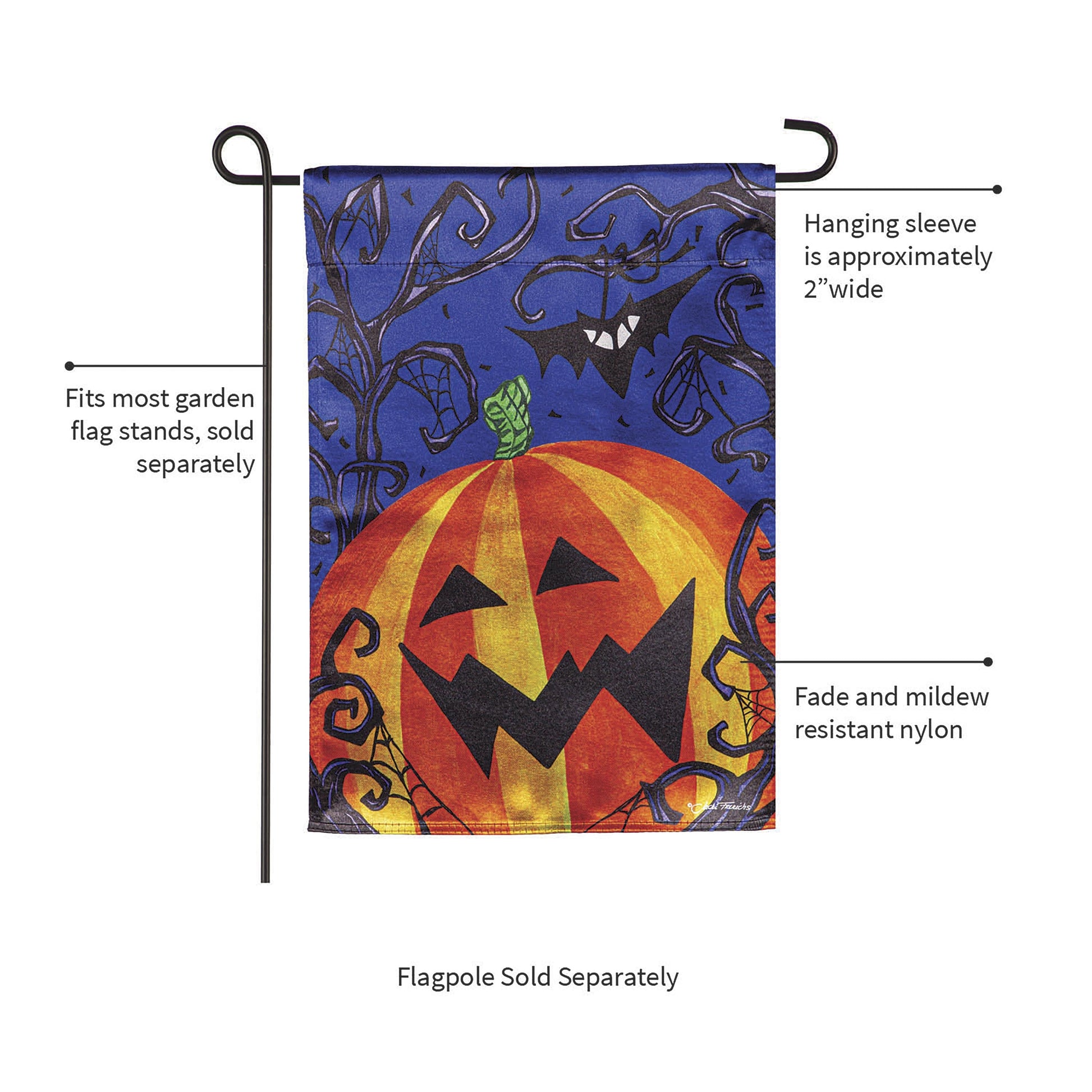 Halloween Jack O' Lantern Pumpkin Lustre Garden Flag with blue bg and orange pumpkin design on Tampa Home & Garden Store