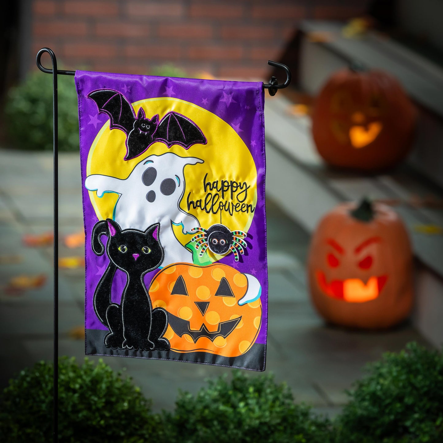 Halloween Friends Applique Garden Flag purple border with yellow moon and ghost and pumpkin on Tampa Home & Garden Store