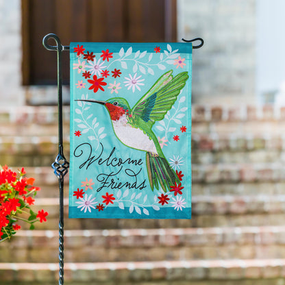 Hummingbird Welcome Applique Garden Flag turquoise with bright flowers by Evergreen Enterprises on Tampa Home & Garden Store
