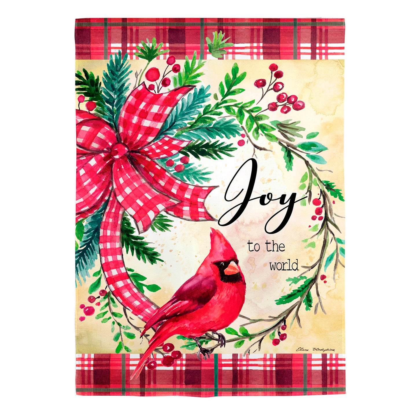 Cardinal Joy Burlap House Flag red cardinal with greenery and red plaid bow by Evergreen Enterprises on Tampa Home & Garden Store
