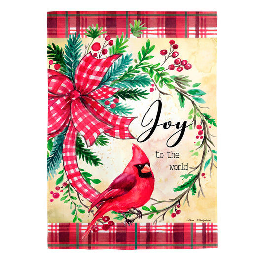 Cardinal Joy Burlap House Flag red cardinal with greenery and red plaid bow by Evergreen Enterprises on Tampa Home & Garden Store