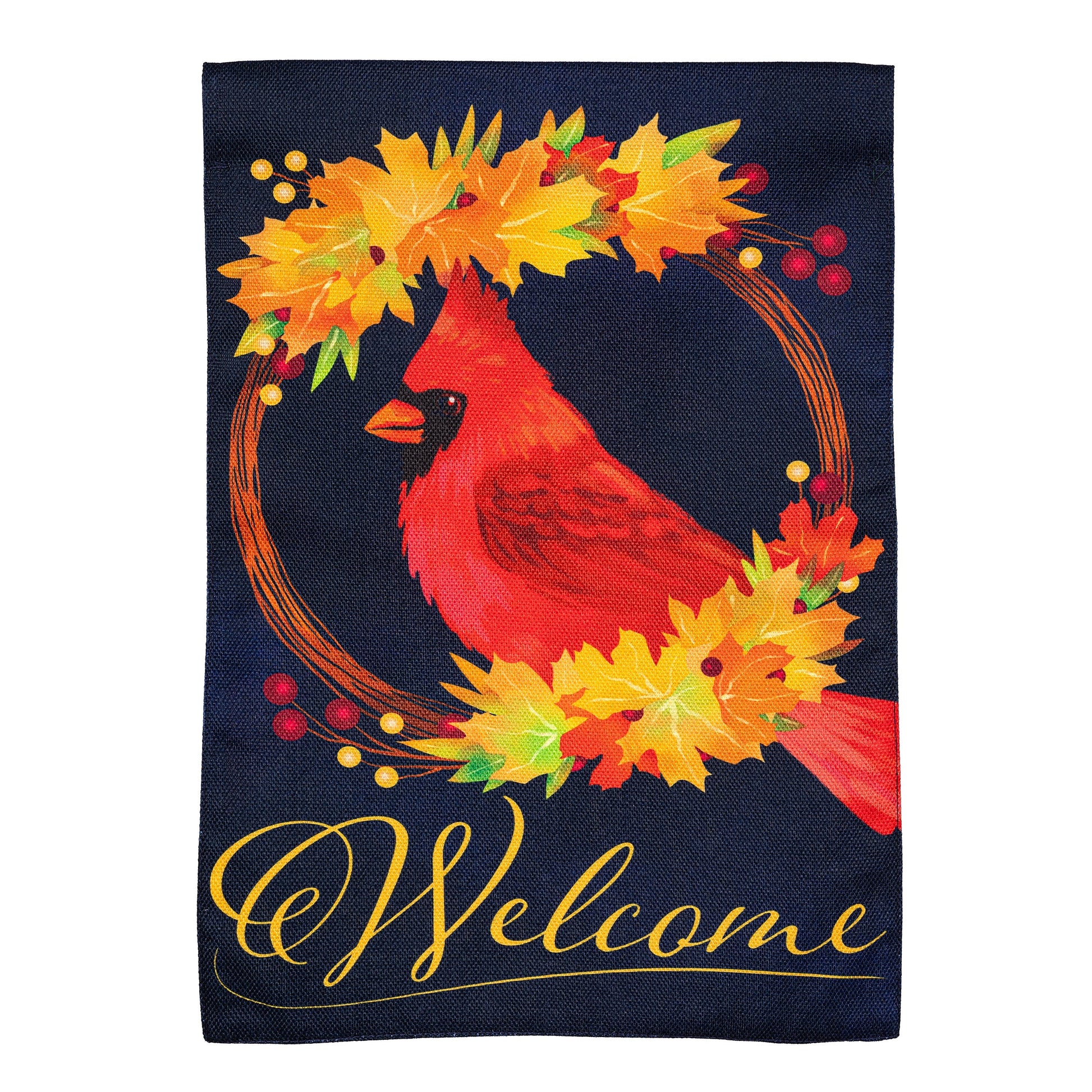 Fall Cardinal Wreath Burlap Garden Flag navy backdrop with cardinal and autumn wreath burlap on Tampa Home & Garden Store