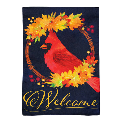Fall Cardinal Wreath Burlap Garden Flag navy backdrop with cardinal and autumn wreath burlap on Tampa Home & Garden Store