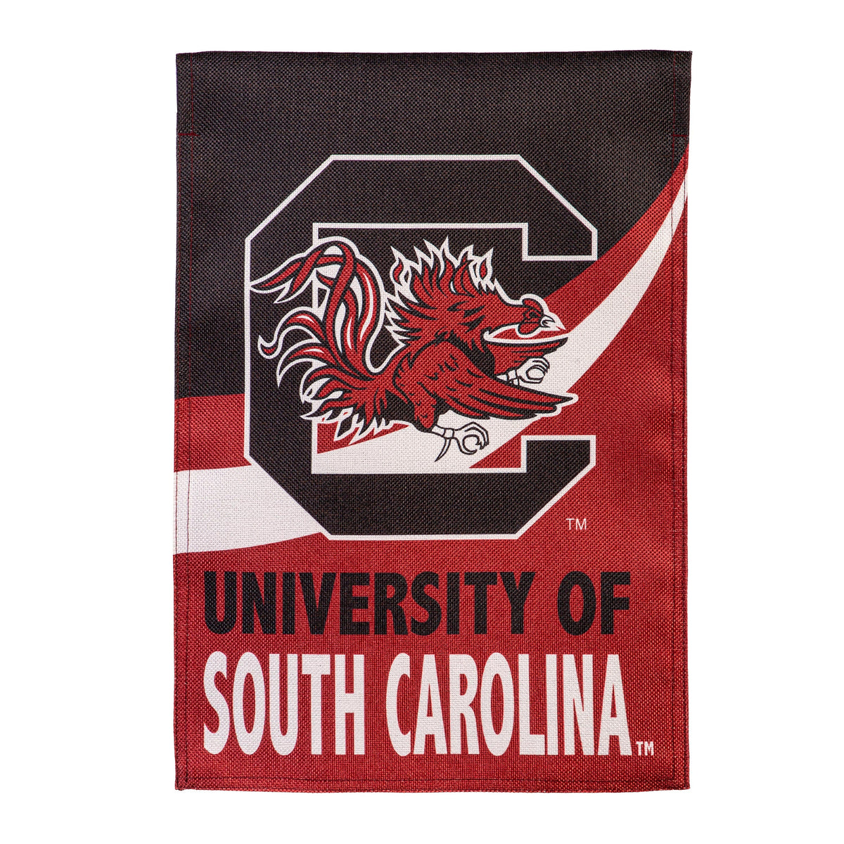 University of South Carolina burlap flag with Gamecocks emblem in red and white on brown textured fabric on Tampa Home & Garden Store
