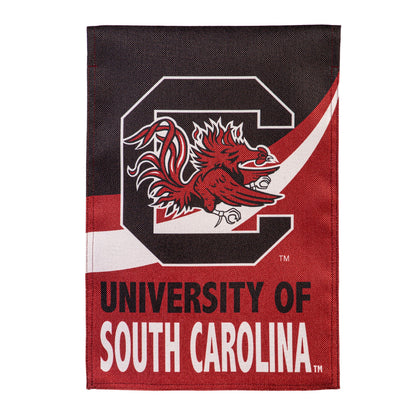 University of South Carolina burlap flag with Gamecocks emblem in red and white on brown textured fabric on Tampa Home & Garden Store