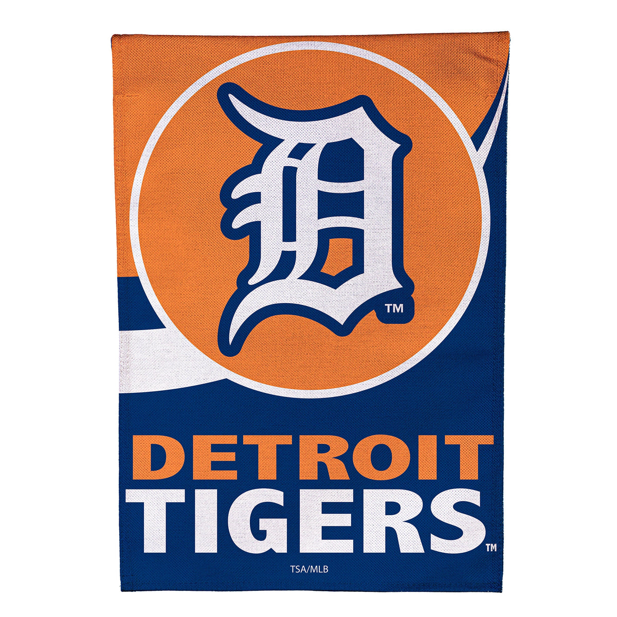 Burlap garden flag Detroit Tigers logo in orange and blue on Tampa Home & Garden Store
