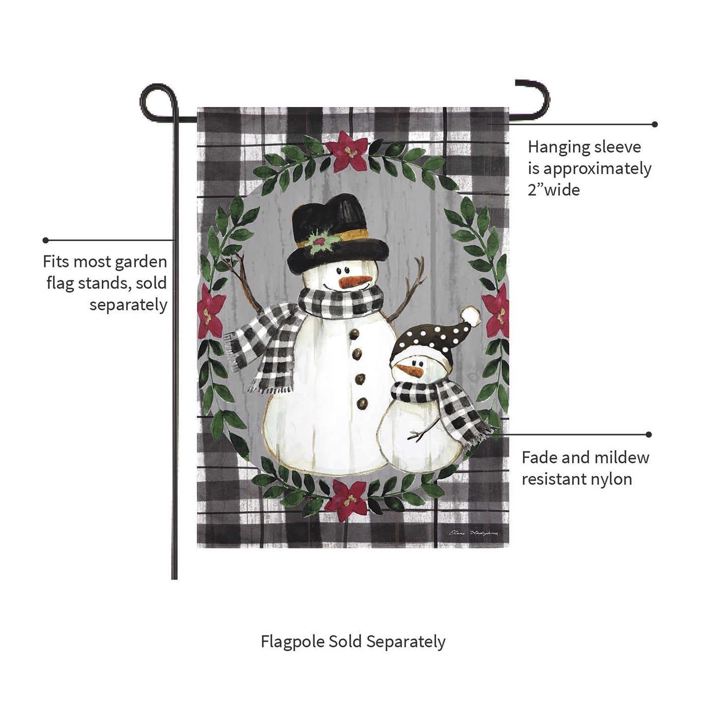 Country Snowmen Moire Garden Flag gray plaid backdrop with snowmen by Evergreen Enterprises on Tampa Home & Garden Store