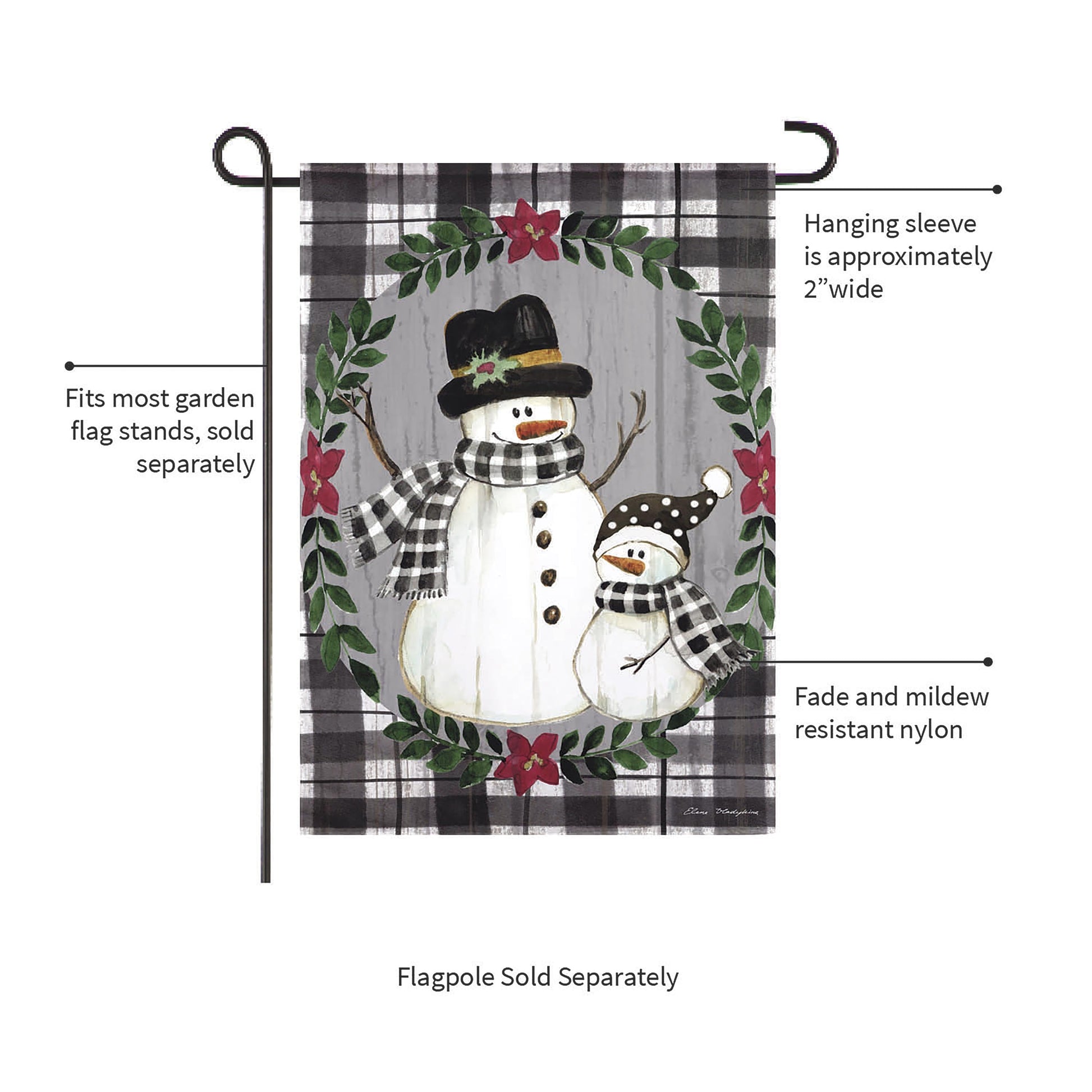 Country Snowmen Moire Garden Flag gray plaid backdrop with snowmen by Evergreen Enterprises on Tampa Home & Garden Store