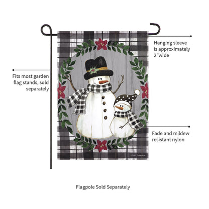 Country Snowmen Moire Garden Flag gray plaid backdrop with snowmen by Evergreen Enterprises on Tampa Home & Garden Store